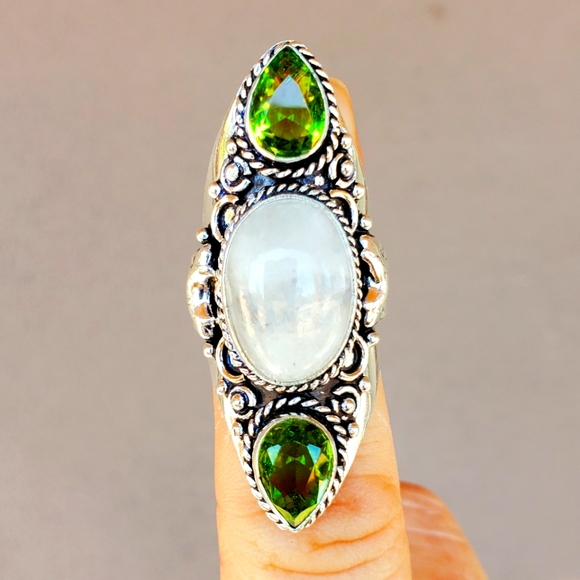 New Rainbow Moonstone & Peridot 925 Silver Statement Ring. - Picture 7 of 13